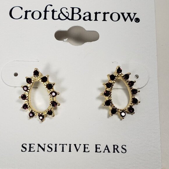 CROFT & BARROW, Women' Polished Gold-tone Hoop Dark Pink Crystals Stud Earrings - Picture 4 of 8